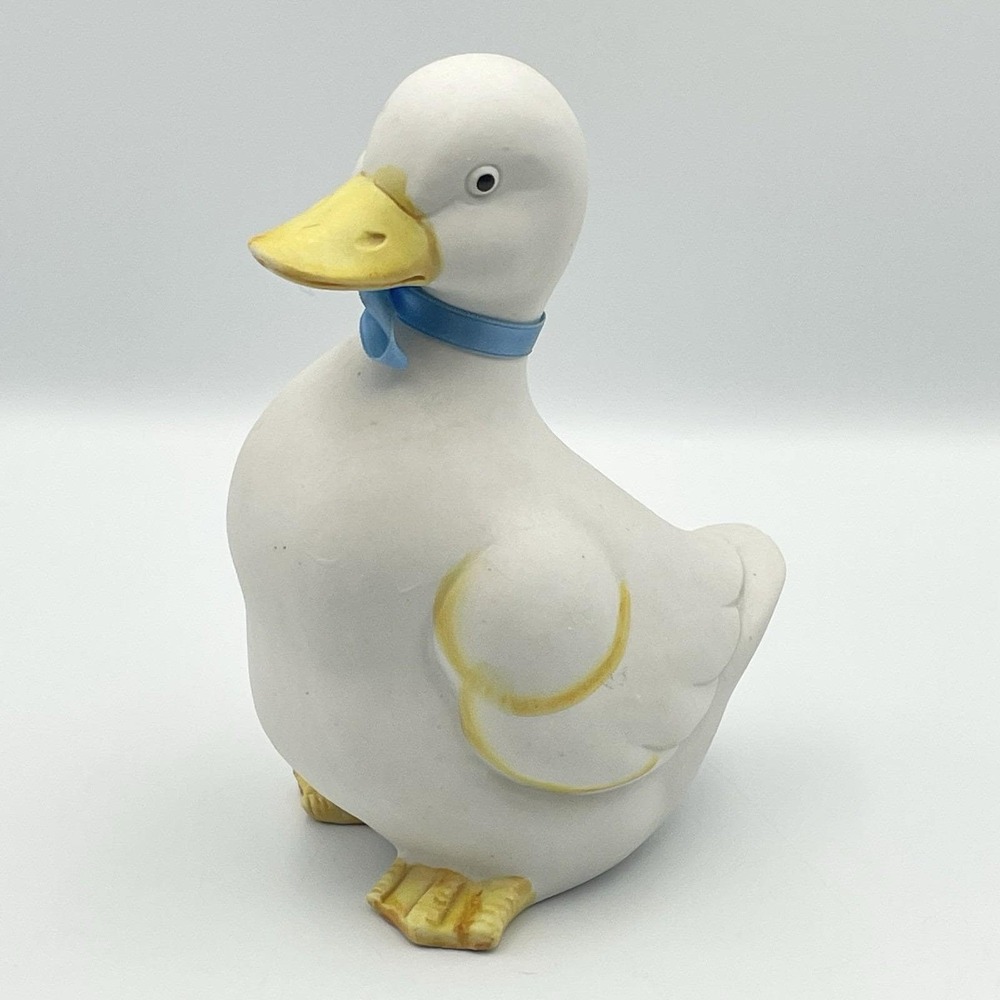 White Ceramic Duck Figurine Blue Ribbon Yellow Beak Farmhouse Country Decor 6.5"